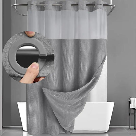 Straight Polyester Waterproof Waffle Shower Curtain Set with Sheer Top - Lightweight, Anti-Wrinkle, Silent, Washable Bathroom Decor, 72" (w) x 75", Ideal for Campers, Hotels