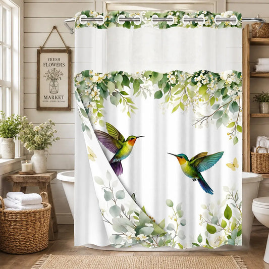 1PC Double Layer Shower Curtain, Decorative Printed Shower Curtain, No Hooks, Watercolor Hummingbird Print Waterproof Fabric, Botanical Bathroom Decor, Bathroom Accessory, Detachable Buckle Shower Curtain and Liner, Bathroom Room Divider