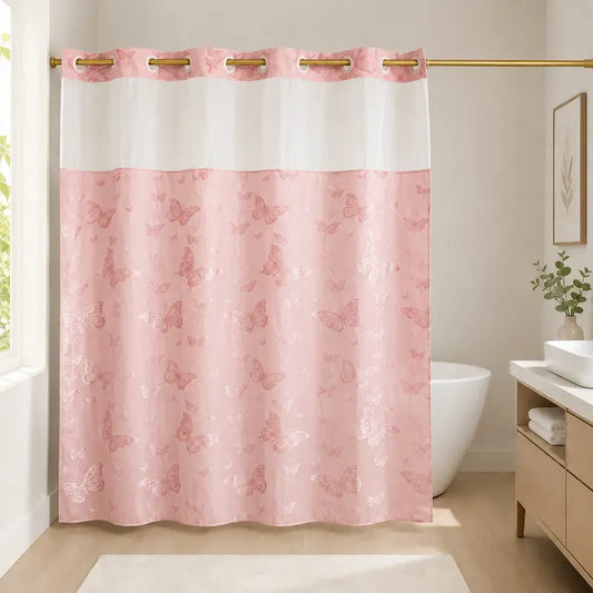 Black Butterfly Hookless Shower Curtain with White Mesh Window, Water-Resistant & Machine Washable Fabric Curtain, Easy Install Bathroom Decor, 72 x 75 Inch