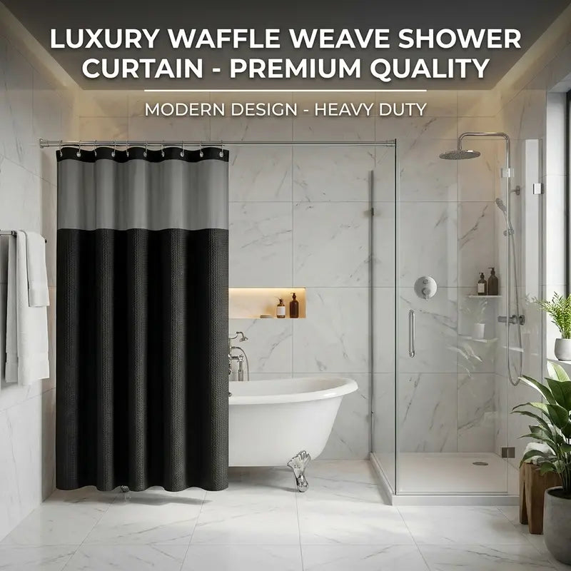 72"x75" Black Straight Waffle Weave Hookless Snap Double Layer Hotel Shower Curtain Set with Snap-in Fabric Liner, Sheer Window, Non-Slip, Waterproof, Adjustable, Water Draining for Modern Bathrooms
