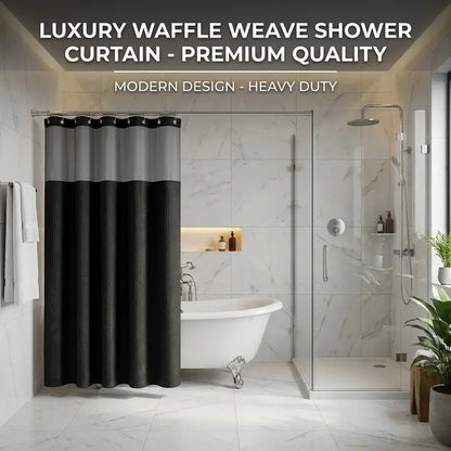 72"x75" Black Straight Waffle Weave Hookless Snap Double Layer Hotel Shower Curtain Set with Snap-in Fabric Liner, Sheer Window, Non-Slip, Waterproof, Adjustable, Water Draining for Modern Bathrooms