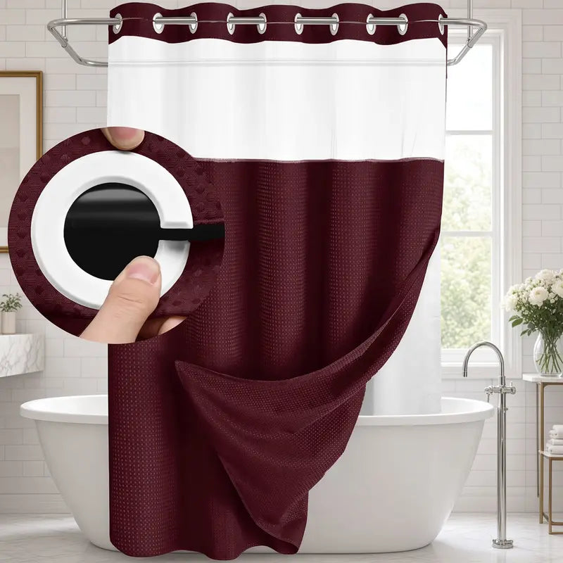 Double-layer waffle-pattern shower curtain — hookless snap-closure lining, waterproof inner layer and washable white outer layer; modern bathroom accessory suitable for home, hotel, salon, dormitory, and home decor; 72 x 75 inches sohochic