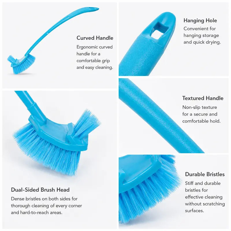 1-Piece Double Sided Deep Cleaning Toilet Brush with Non-Slip Ergonomic Grip Long Curved Handle, Hanging Hole for Bathroom Gap Corner Cleaning, Space-Saving Toilet Brush & Plungers, One-Piece, Long Handle