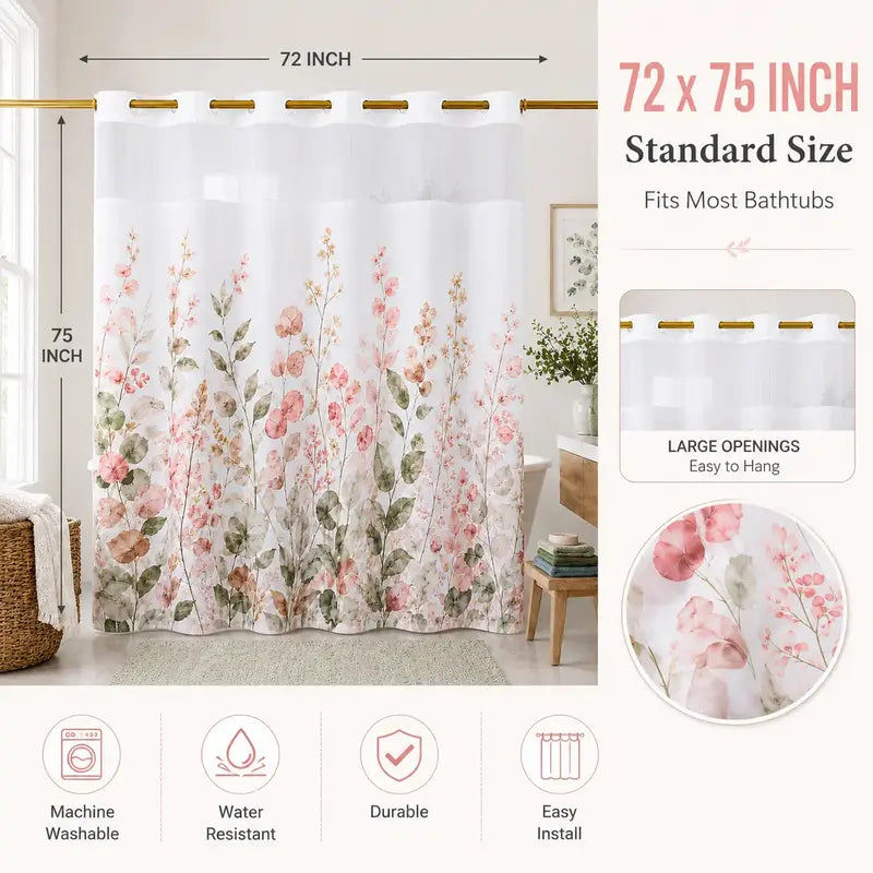 Hookless Shower Curtain Set with Snap-in Liner, Double Layer Floral Botanical Design, Sheer Top Window, 72x75 Inch Waterproof Washable Bathroom Curtain,
