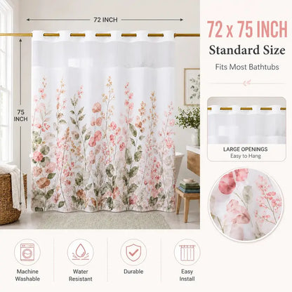 Hookless Shower Curtain Set with Snap-in Liner, Double Layer Floral Botanical Design, Sheer Top Window, 72x75 Inch Waterproof Washable Bathroom Curtain,