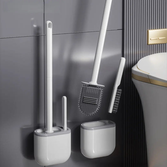 1 Set wall-mounted brush and bracket kit, Household Bathroom Silicone Toilet Brush And Holder Long-handled Cleaning Brush Multi-functional Toilet Brush No Drilling Needed Toilet Cleaning System Toilet Bowl Brush