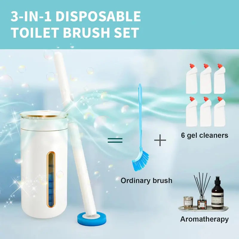 Touch-Free Disposable Toilet Brush Kit - Wall-Mounted No-Drill Space-Saving Cleaner Set with Foam Head Scrubber, 6 Refills, Auto-Close Lid Pad for Daily Touch-Free Hygienic Cleaning, Bathroom Deep Clean Supplies