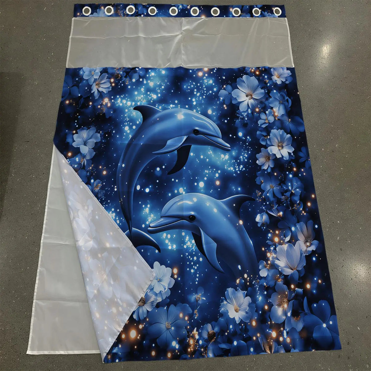 1 Pack No Hook Double Layer Bathroom Shower Curtain, Dreamy Blue Dolphin & Floral Print Bath Curtain, Waterproof, Mildew Resistant, Durable Fabric, Romantic Ocean Home Decor, Removable Liner, Top See-Through Window, Partition Curtain 71"×74"
