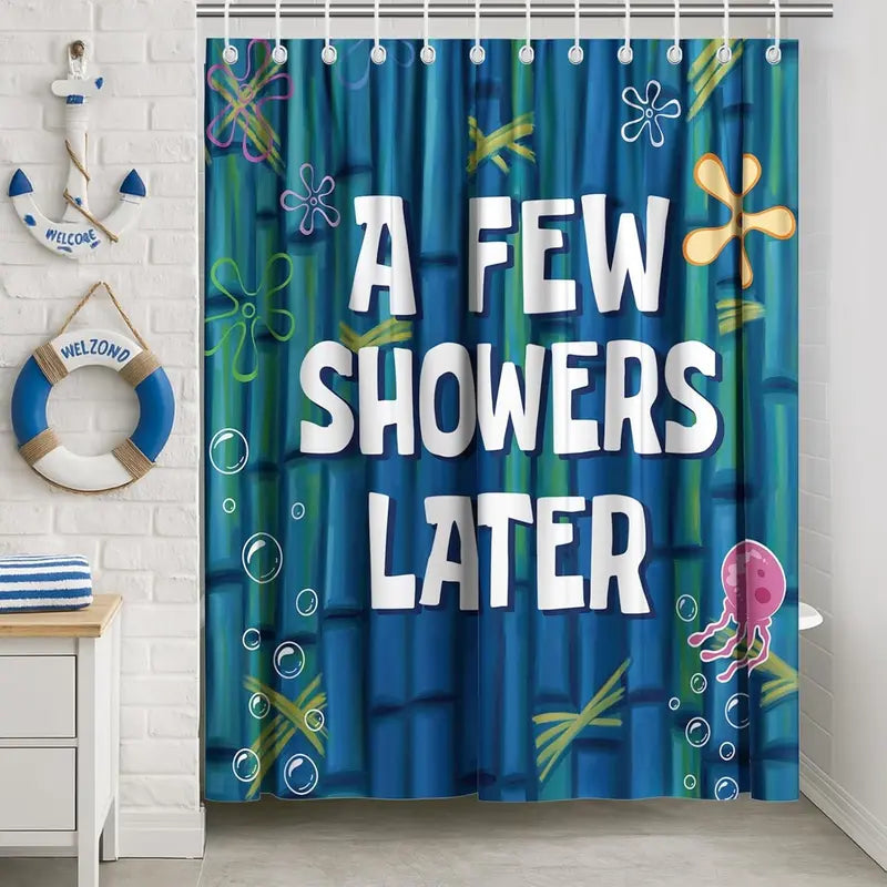 【Summer Vibes】Funny Ocean Shower Curtain 60x72 66x72 72x72 inch with Hooks, Cute Cartoon Blue Sea Bathroom Decor, Waterproof Polyester Fabric for Women, Girls, and Humor Lovers