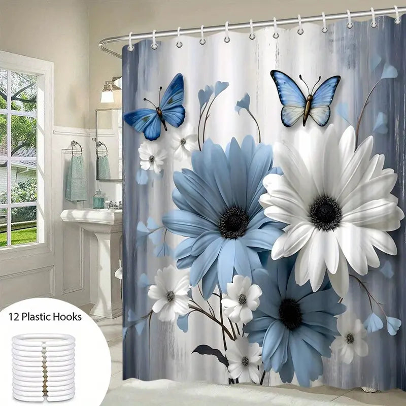 Blue and White Floral Butterfly Shower Curtain with Hooks - Bathroom Accessory, Plastic, Floral Nature Art Design, Soft Gray Backdrop, Bright Flowers, Sophisticated Theme, Compatible with Shower Curtain Rod, Ideal Gift