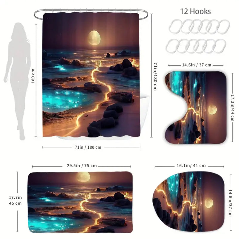 Dreamy Moonlight Fluorescent Coast Artwork Shower Curtain Set with 12 Hooks - Waterproof, Non-Slip Bathroom Carpet, Toilet U-Shaped Cushion, Toilet Seat Cover Cushion - Bathroom Decor, Decoration, Calming Look & Feel, Ideal Moving Gift