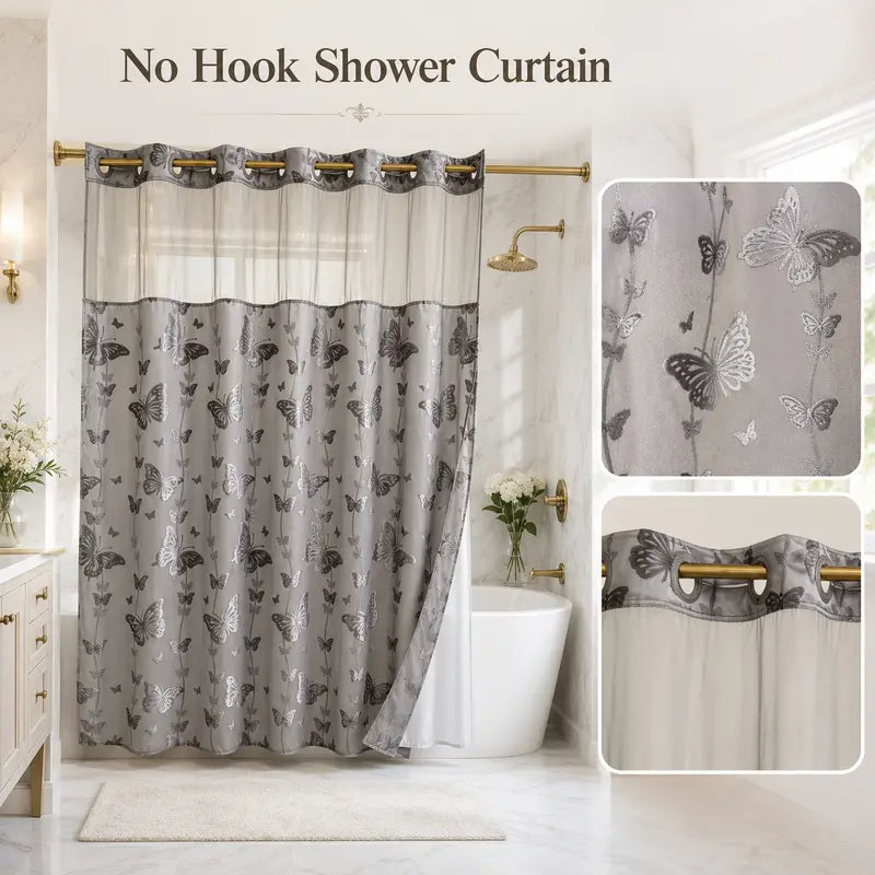 Silver No Hook Double-Layer Butterfly Flocked Shower Curtain,Mesh Top Window，Mesh Top Window, Hook-Free Design, Easy Installation, Farmhouse, Hotel, Modern Home Decoration, 72x75i