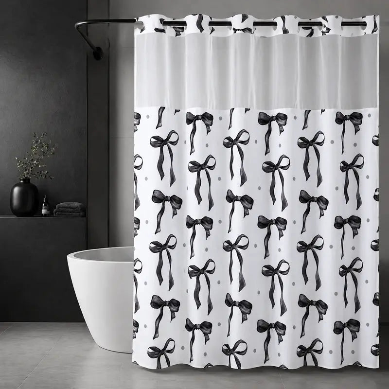 Pink Bowknot Polka Dot Shower Curtain, Sheer Mesh Top, Double Layer Hookless Bath Curtain, Sweet Style Bathroom Decor, 72 x 75 in Double-Layer