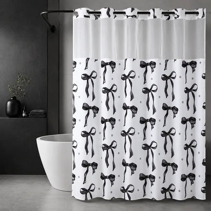 Pink Bowknot Polka Dot Shower Curtain, Sheer Mesh Top, Double Layer Hookless Bath Curtain, Sweet Style Bathroom Decor, 72 x 75 in Double-Layer