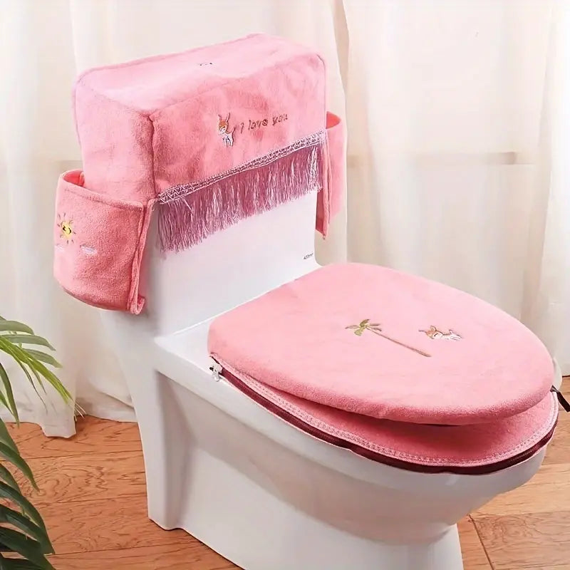 Simple Printed Pattern Home Toilet Mat Set Four Seasons Universal Plush Toilet Ring Cover Bathroom Toilet Water Tank Protector Cover