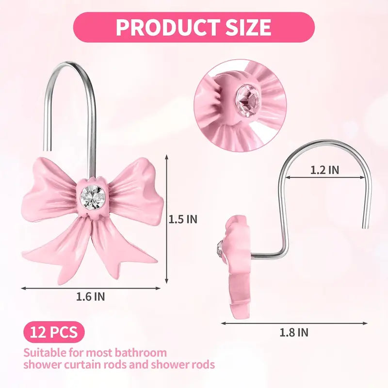 12PCS Premium Resin Blush Pink Bow Knot Shower Curtain Hooks - Metal Alloy Material, Eyelet Fit, Standard Rod Diameter, Bathroom Accessories for Baby Room Nursery
