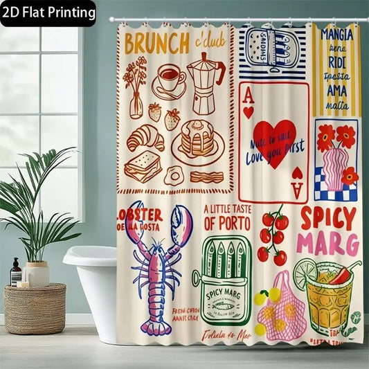 Hand-Drawn Graffiti Shower Curtain, Unique Bathroom Decor, Breakfast Theme, Fish Print, U-Type Rod, 12 Hooks, Fashionable Shades