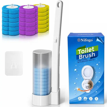 Nifogo Disposable Toilet Scrubber Brush Set, Includes 24 Refills, Triple-Layer Sponge Cleaner Wand, Fragrance Neutralizer, Plastic Wall-Mount Holder, Multi-Surface Tool for Daily Bathrooms Toilet Bowl Cleaning