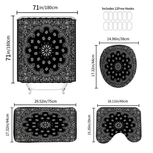 Geometric Pattern Printed Shower Curtain Set, Modern Floor Mat, U-shaped Mat, Toliet Lid Cover, Bathroom Restroom Decor Supplies for Home Hotel Salon Dormitory, Bathroom Decoration Accessories, Bathroom Decor And Accessories