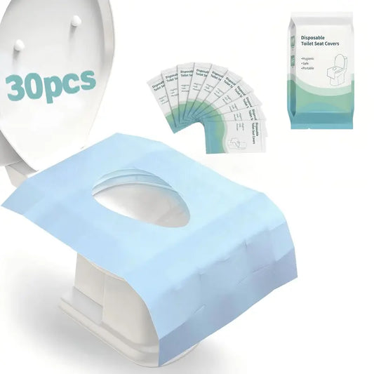 Disposable Toilet Seat Protector (30 Pcs, 24x25 in) - PE Material, Elongated, All Seasons, Hygienic Barrier, Waterproof, Foldable, Portable, Adhesive Tabs, Non-Slip, 1-Step Use, Soft Thick Layer, for Public Toilets, Potty Training