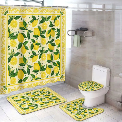 4pcs Lemon Citrus Shower Curtain Set, Printed Shower Curtain, Fresh Yellow Lemon Print Bathroom Decor, Summer Lemonade, Kitchen Garden, Fruit Blossom, Tropical Farmhouse, TikTok Shop Trendy Bathroom Upgrade