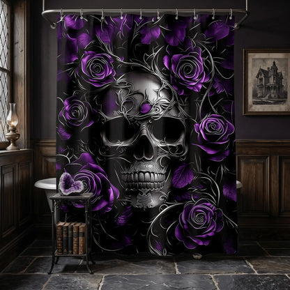 1pcs Luxury Dark Gothic Floral Bathroom Shower Curtain, Rose and Skull Pattern, Elegant Spooky Aesthetic Decor, Unique Gift for Gothic Lovers and Witchy Aesthetic Room