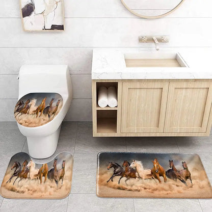 [Popular Choice]1pc/4pcs, bathroom curtains shower, bathroom set, shower curtains, bathroom rug, home decoration, Decorative, bath mat, bathroom mat, horse pattern, animal theme decoration, bathroom set, with 12 hooks, Shower Curtain Sets