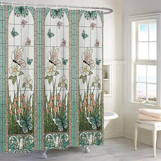 Butterfly & Floral Print Decorative Shower Curtain, 1 Count Modern Waterproof Shower Curtain with 12pcs Hooks, Bathroom Decor Accessories, Home Goods, Bathroom Decoration Accessories, Bathroom Accessory, Restroom