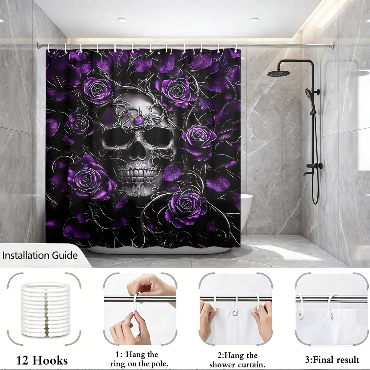 1pcs Luxury Dark Gothic Floral Bathroom Shower Curtain, Rose and Skull Pattern, Elegant Spooky Aesthetic Decor, Unique Gift for Gothic Lovers and Witchy Aesthetic Room