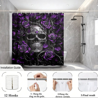1pcs Luxury Dark Gothic Floral Bathroom Shower Curtain, Rose and Skull Pattern, Elegant Spooky Aesthetic Decor, Unique Gift for Gothic Lovers and Witchy Aesthetic Room