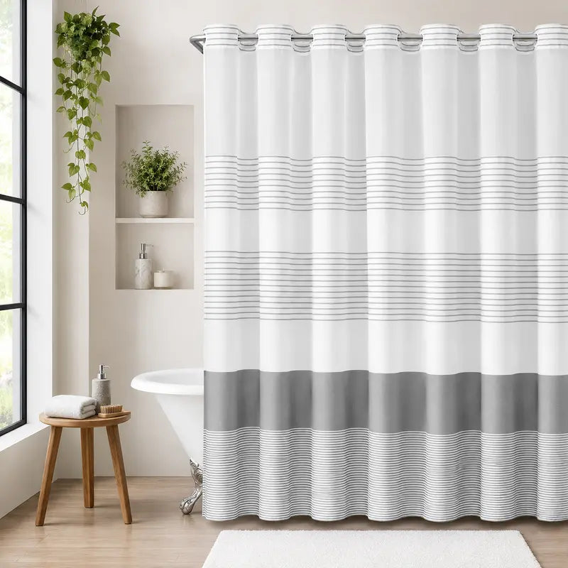 striped geometric double-layer shower curtain, no-drill hookless design, with sheer top window for light transmission, quick installation and easy removal for cleaning, suitable for hotels, homestays, and modern home bathrooms,72x75
