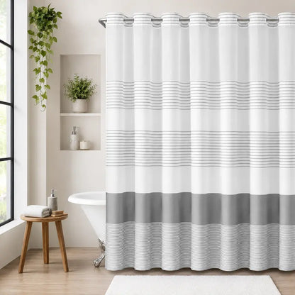 striped geometric double-layer shower curtain, no-drill hookless design, with sheer top window for light transmission, quick installation and easy removal for cleaning, suitable for hotels, homestays, and modern home bathrooms,72x75