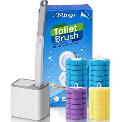 Nifogo Disposable Toilet Scrubber Brush Set, Includes 24 Refills, Triple-Layer Sponge Cleaner Wand, Fragrance Neutralizer, Plastic Wall-Mount Holder, Multi-Surface Tool for Daily Bathrooms Toilet Bowl Cleaning