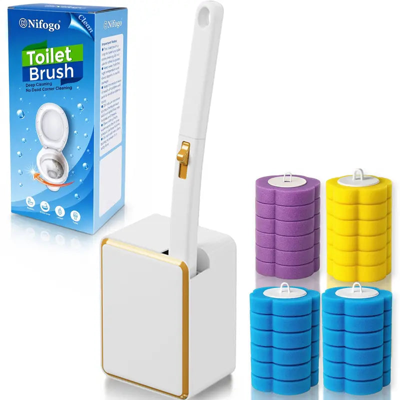 Compact Disposable Plastic Toilet Brush Gift Set - 24 Disposable Heads, Wall-Mount Holder, Handle, Wall-Mounted Caddy for Tidiness, Germ-Contact Reduction for Car Interior & Household Use