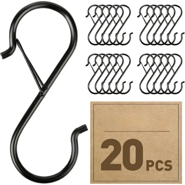 20 Pcs Heavy-Duty Steel S Hooks, 3.5-in Painted Steel Hooks with Adjustable Locking Clip, Fits 0.5-in Rods, Multi-Purpose for Hanging Plants, Closet Items, Kitchen Utensils
