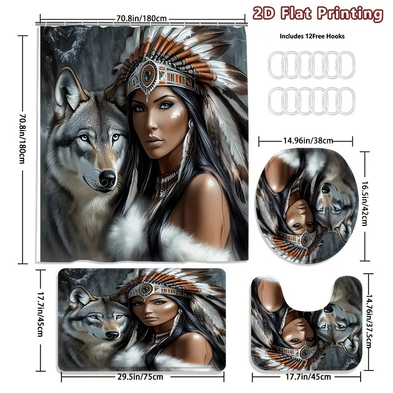 1/4pcs 2D Flat Tribal Spirit Shower Curtain Set, Native American Headdress and Wolf Bathroom Decor, Accessories with Bath Mat, U-shaped Mat, Toilet Lid Cover, Shower Curtain Includes Hooks, Wild Tribal Art, Home Decor, Bathroom Accessories.
