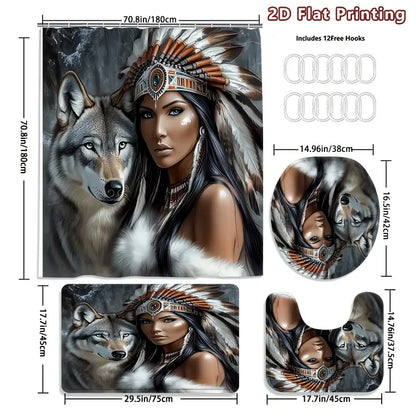 1/4pcs 2D Flat Tribal Spirit Shower Curtain Set, Native American Headdress and Wolf Bathroom Decor, Accessories with Bath Mat, U-shaped Mat, Toilet Lid Cover, Shower Curtain Includes Hooks, Wild Tribal Art, Home Decor, Bathroom Accessories.