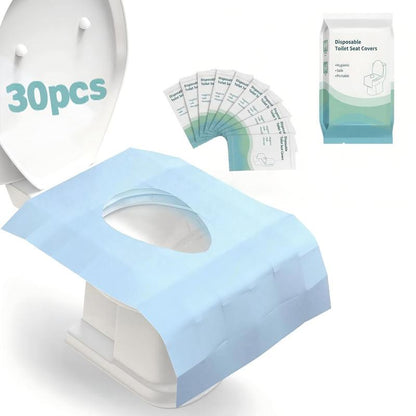 Disposable Toilet Seat Protector (30 Pcs, 24x25 in) - PE Material, Elongated, All Seasons, Hygienic Barrier, Waterproof, Foldable, Portable, Adhesive Tabs, Non-Slip, 1-Step Use, Soft Thick Layer, for Public Toilets, Potty Training