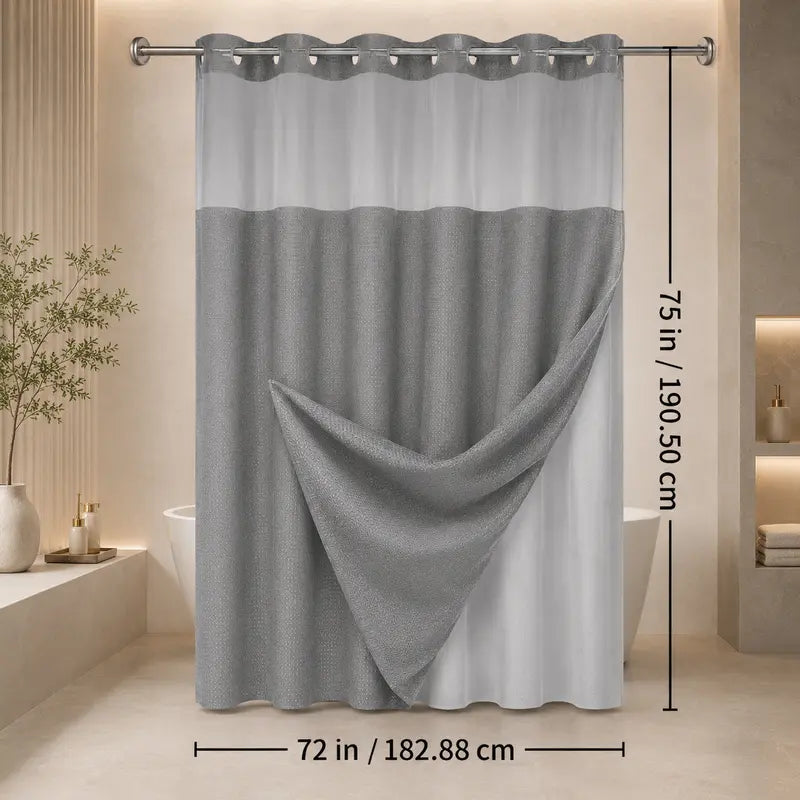 Double-layer waffle-pattern shower curtain — hookless snap-closure lining, waterproof inner layer and washable white outer layer; modern bathroom accessory suitable for home, hotel, salon, dormitory, and home decor; 72 x 75 inches sohochic