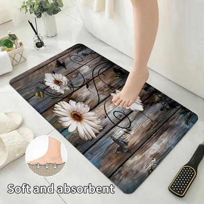 4PCS Wooden Daisy Shower Curtain Set, Country Style Bathroom Decor Set, Waterproof Shower Curtain, Bath Mat, U-shaped Mat, Toilet Cover Mat Interior Home Goods