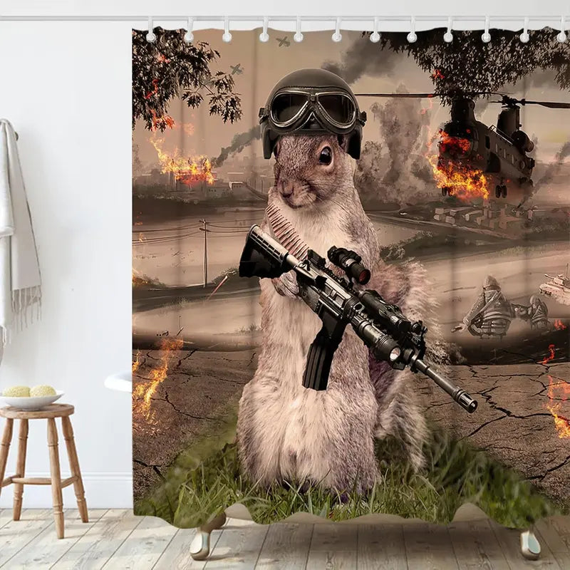 Warrior Squirrel Animal Print Waterproof Polyester Shower Curtain - Black & Green Fabric, Metal Grommets, Animals Design, Machine Washable, Hanging, 72w x 72l (Pack of 1), Multiple Sizes, Best Gift for the Bathroom