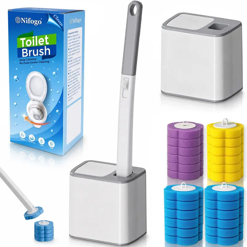 Compact Disposable Plastic Toilet Brush Gift Set - 24 Disposable Heads, Wall-Mount Holder, Handle, Wall-Mounted Caddy for Tidiness, Germ-Contact Reduction for Car Interior & Household Use