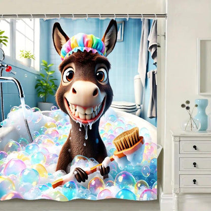 [Summervibes] Whimsical Donkey Shower Curtain with Hooks - Machine Washable Polyester Contemporary Modern Bathroom Decor Gift, Playful Partition, Artistic Animal Design, Durable Fabric for Home, Shower Curtains, Plastic
