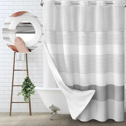 striped geometric double-layer shower curtain, no-drill hookless design, with sheer top window for light transmission, quick installation and easy removal for cleaning, suitable for hotels, homestays, and modern home bathrooms,72x75