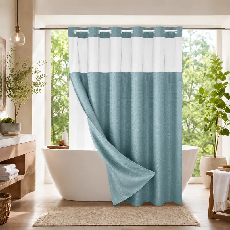 Double Layer Waffle-Pattern Shower Curtain - No Hook Snap-in Liner, Fabric Waterproof Inner & Washable White Outer Cloth, Modern Bathroom Accessory for Home/Hotel/Salon/Dorm, 72x75 Inch