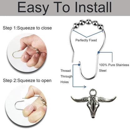 Bull Head Shower Curtain Hook, 12pcs/set Rust Resistant Shower Curtain Ring, Bathroom Curtain Hooks, Shower Curtain Decorative Hook for Home Bathroom, Restroom, Bathroom Decoration Accessories [Package List as Picture Shown]