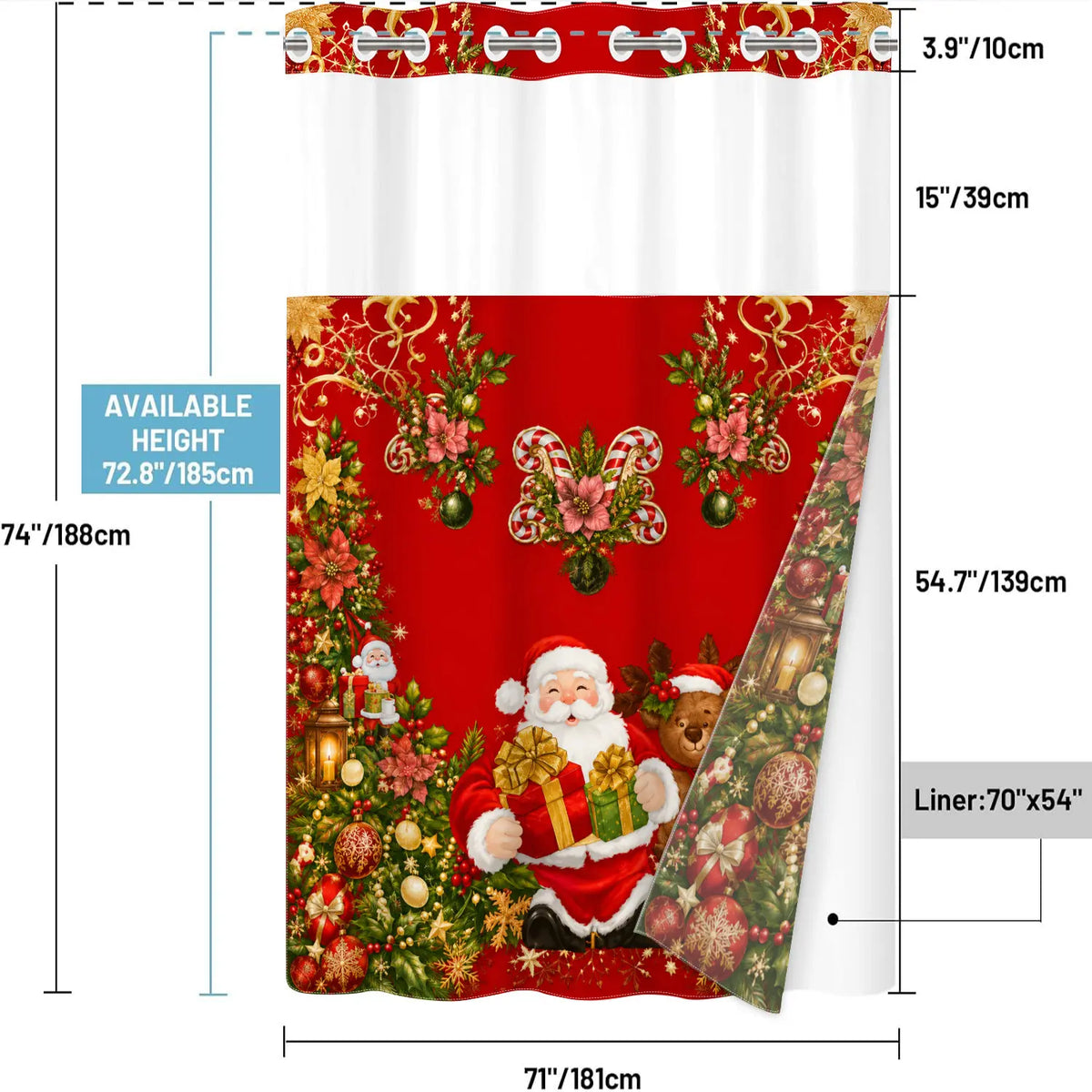 1 Piece No Hook Double Layer Decorative Shower Curtain, Christmas Santa Claus Print Bath Curtain, Waterproof, Mildew Resistant, Durable Fabric, Holiday Home Decor, Removable Liner, Top See-Through Window, Partition Curtain 71"×74"
