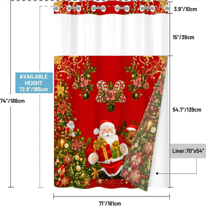 1 Piece No Hook Double Layer Decorative Shower Curtain, Christmas Santa Claus Print Bath Curtain, Waterproof, Mildew Resistant, Durable Fabric, Holiday Home Decor, Removable Liner, Top See-Through Window, Partition Curtain 71"×74"