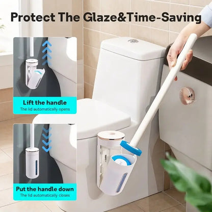 Wall-Mounted Toilet Wand, Disposable Bathroom Cleaning Tool with 8PCS Replaceable No-Rinse Brush Heads, Long Handle Toilet Accessory