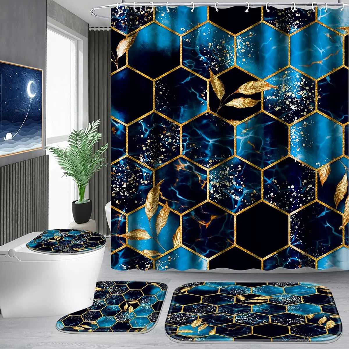 1/4 pcs sky blue honeycomb marble pattern shower curtain set, Bathroom Shower Curtain Sets, Decorative shower curtain, non-slip floor mat, U-shaped carpet, toilet lid cover, for bathroom decoration accessories, partition, free 12 shower curtain hooks
